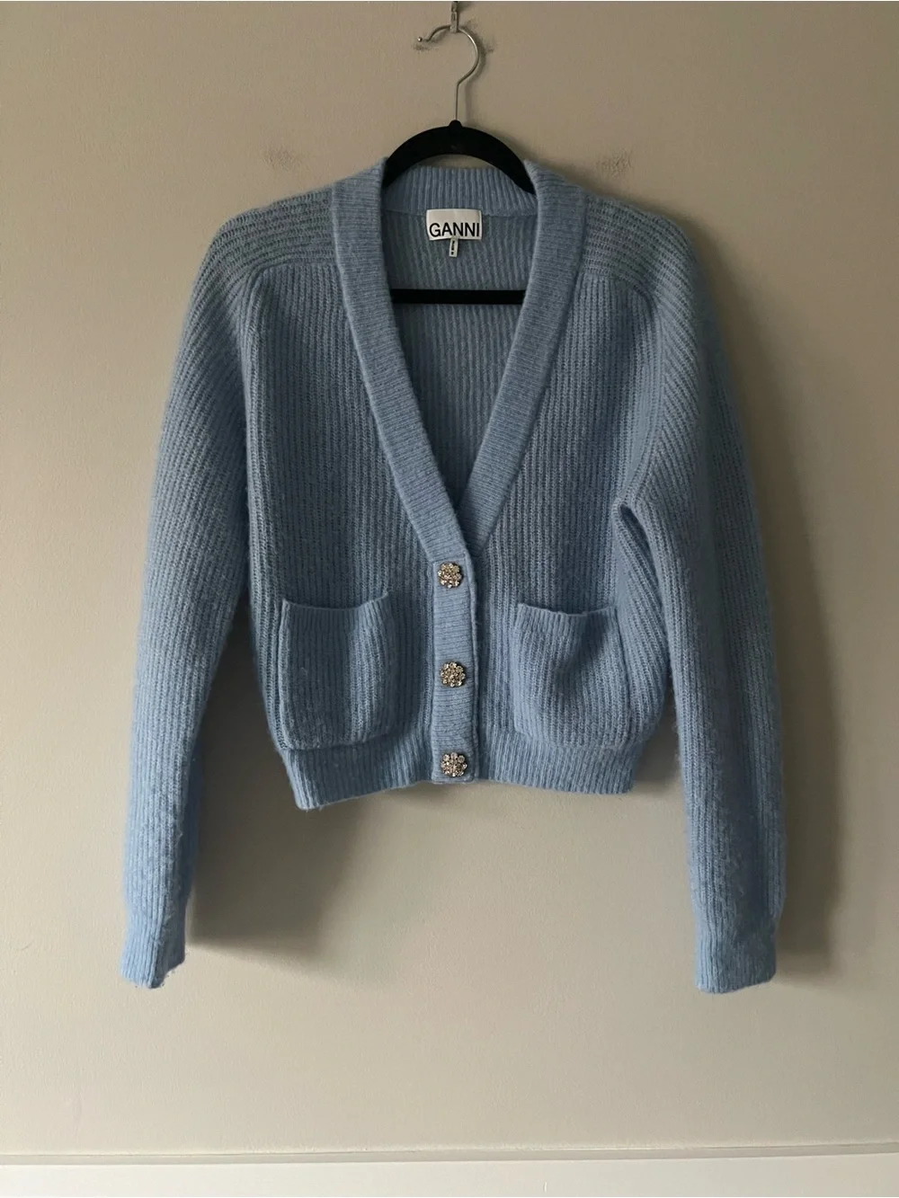 GANNI Soft Wool Alpaca Crystal Button Cropped Cardigan XS Blue